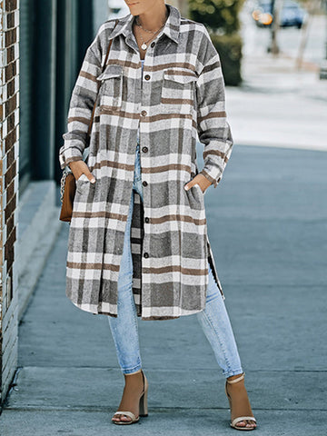 Woochic manteau longue coton carreaux boutonnage avec poches col revers femme casual blouse surchemise Gris S